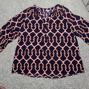 Crown & Ivy Women’s 1X 3/4 Sleeve V-neck orange & navy Shirt